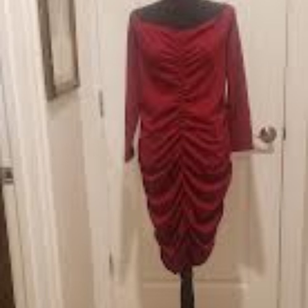 REDUCED! Long Sleeve Cranberry/Wine Color Knee Length Shirred Dress Sz 2x